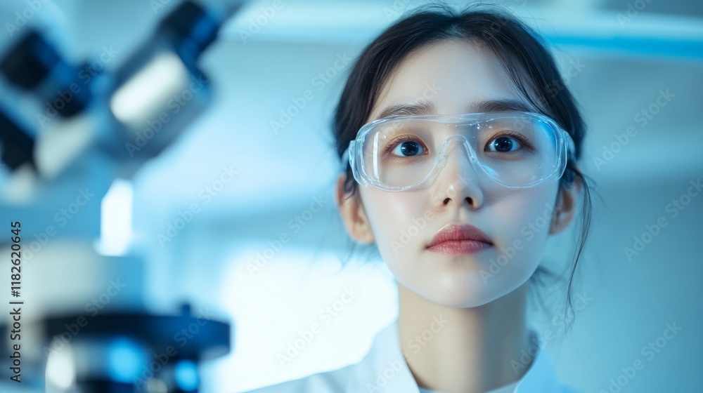 Poster focused korean scientist analyzing samples in laboratory