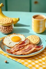 Food photography with a yellow and blue pastel background, a close-up of breakfast featuring bacon on the plate