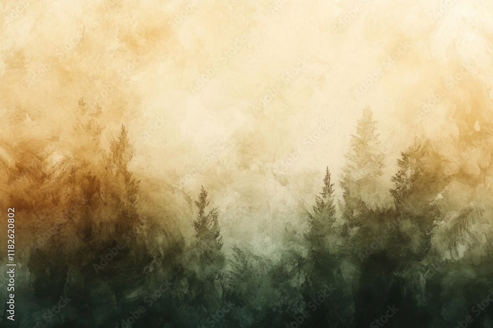 Poster misty coniferous forest landscape with an abstract painted texture creating a dreamy atmosphere