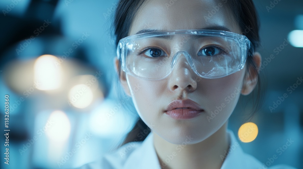Poster focused female scientist analyzing virus sample in modern laboratory setting
