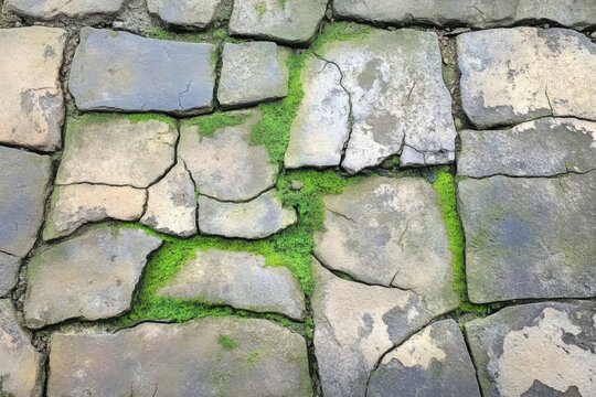 Weathered stone pathway featuring green moss and cracks under natural light