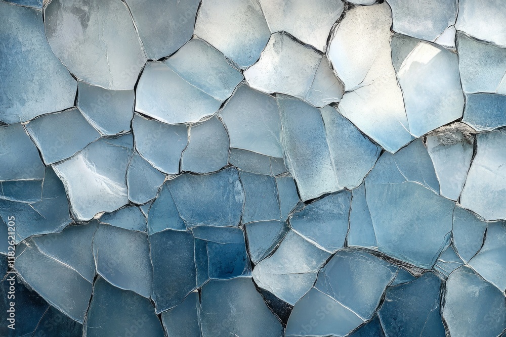 Poster full frame shot of broken glass surface forming an abstract mosaic pattern in shades of blue, creati