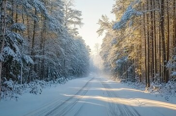 Obraz premium A snowy road in the forest, white snow covering the trees and ground, a clear sky with soft sunlight shining through the branches of pine trees.