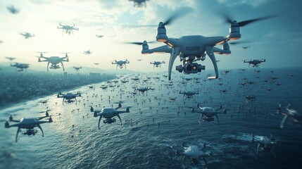 Swarm of drones over ocean at sunrise with city skyline in background