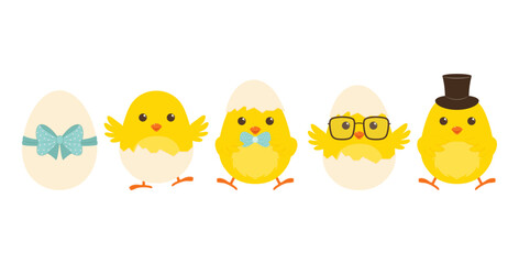A set of cute little Easter chicks. Vector illustration.
