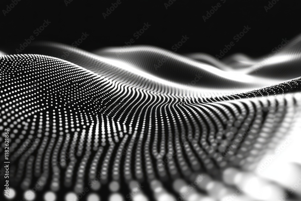 Poster abstract background with waving surface formed by small white particles on black background