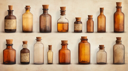 old vintage medicine bottles in various shapes and sizes on a rustic background