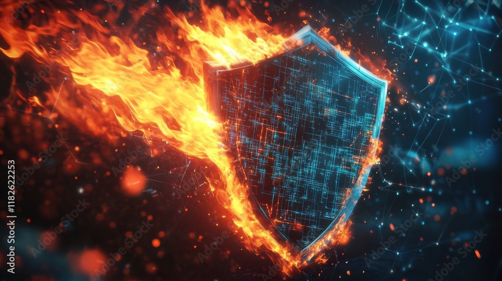 Poster dynamic digital shield engulfed in flames representing cybersecurity challenges and protection effor