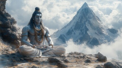 Meditating shiva in serene himalayan landscape: tranquil spiritual connection