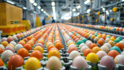 Naklejka premium Many Easter eggs are painted and arranged in neat rows by machines in a modern factory.