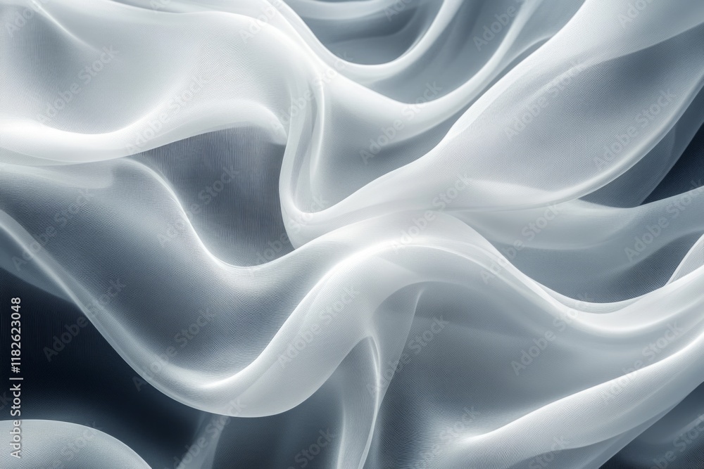 Poster elegant white transparent fabric flowing on a dark background, creating a beautiful abstract pattern