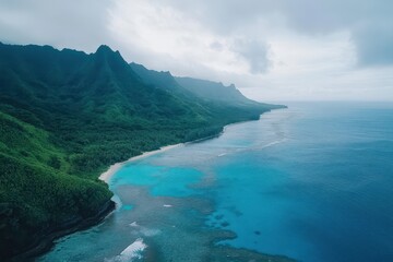 Obraz premium Lush green cliffs meet serene turquoise waters along a remote coastline under a cloudy sky at dawn