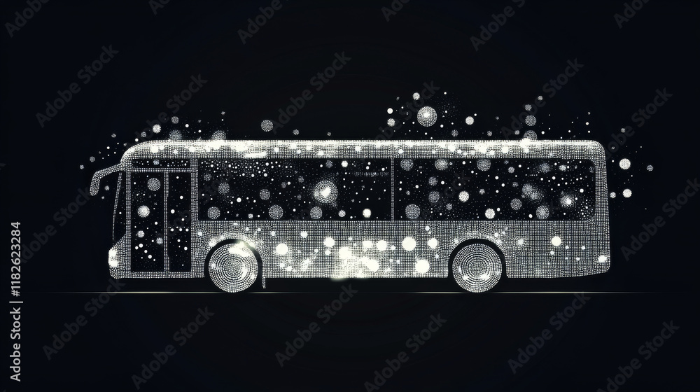 Poster the bus from the particles. the bus consists of dots and circles. vector illustration