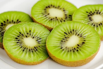 Fototapeta premium Fresh kiwi slices arranged on a clean white plate, perfect for fruit platters or healthy snacks