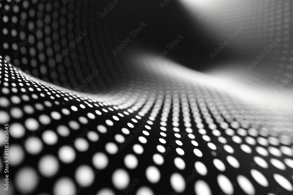 Poster wavy black surface covered with white dots creating a futuristic and technological pattern, ideal fo