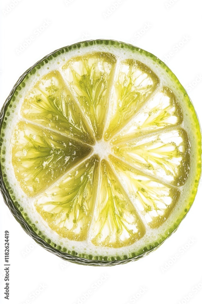 Poster close-up shot of a single slice of lime with a green color and a few ridges