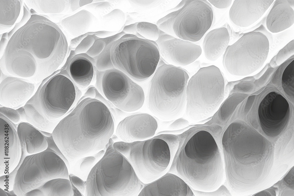 Poster close-up view of a unique rock formation showcasing a porous texture with intriguing holes and patte
