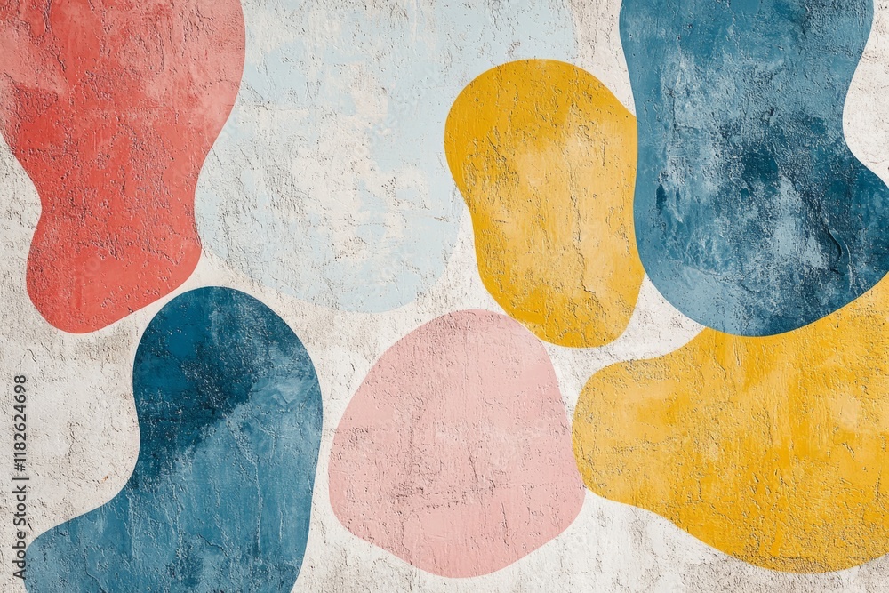 Poster modern abstract art with colorful shapes on a textured wall, creating a vibrant and artistic backgro