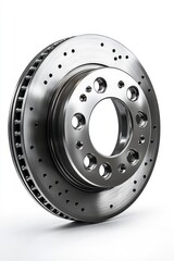 A close-up shot of a brake disc on a white background