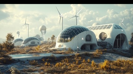 Sustainable future homes with wind turbines and solar panels in serene landscape
