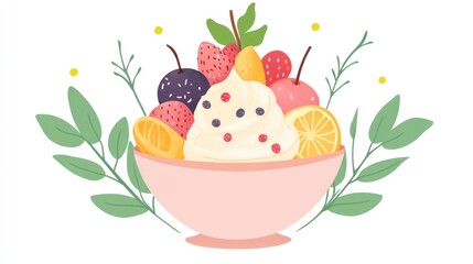 Creamy fruit dessert bowl, spring background, recipe illustration