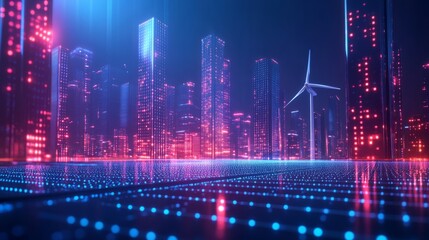 Fototapeta premium Futuristic neon cityscape with wind turbine under starry night sky