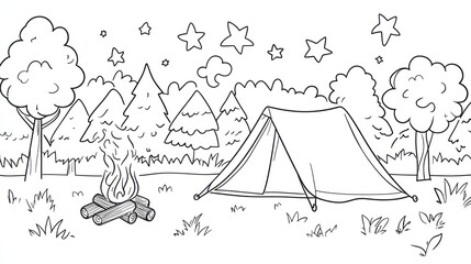 Night camping scene, forest tent campfire, starry sky, coloring page