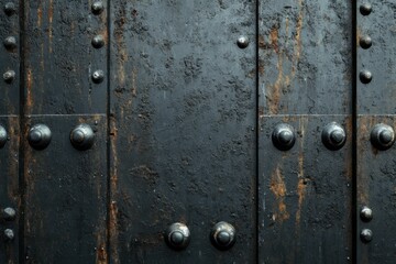 Fototapeta premium Detailed view of a weathered black metal door with rivets and rust, showcasing historical craftsmanship and texture