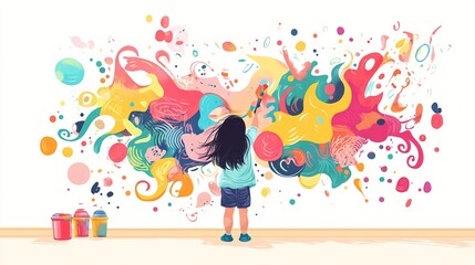 Illustration of a young child painting a vibrant abstract mural on a white wall