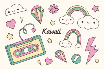 Retro pop design elements, pastel color palette, geometric shapes, speech bubbles, 80s style graphics, kawaii aesthetics, Japanese text, playful icons, sticker pack design, flat illustration, Memphis 