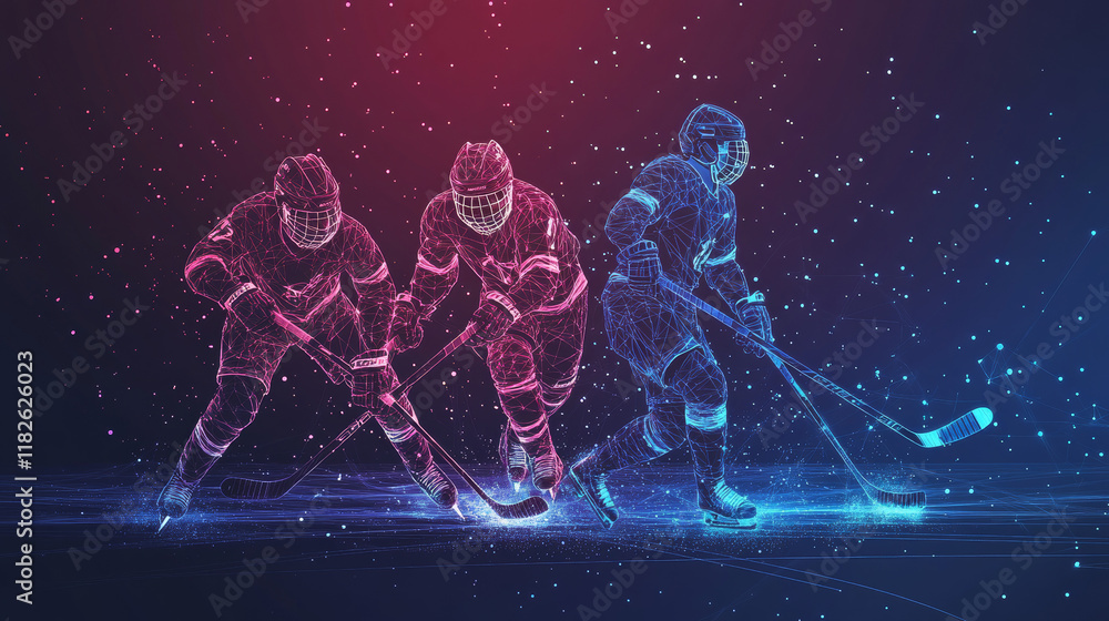 Poster a hockey game consists of points. particles in the form of a hockey player on a dark background. vec