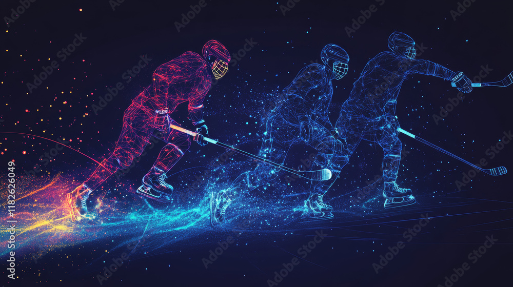 Poster a hockey game consists of points. particles in the form of a hockey player on a dark background. vec