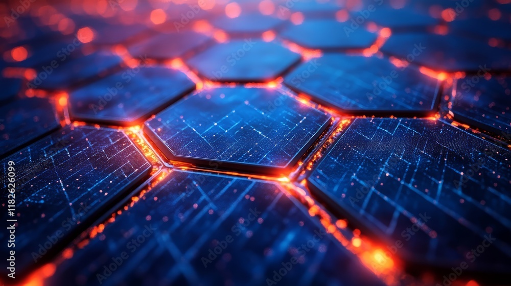 Poster glowing hexagonal circuit pattern with futuristic technology and blue-orange light