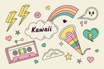 Retro pop design elements, pastel color palette, geometric shapes, speech bubbles, 80s style graphics, kawaii aesthetics, Japanese text, playful icons, sticker pack design, flat illustration, Memphis 