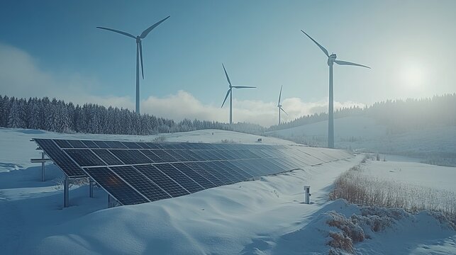 Winter landscape with snow-covered solar panels and wind turbines in the countryside - Powered by Adobe