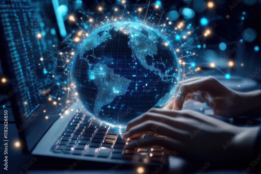 Poster hands typing on a laptop with a glowing digital globe representing global connectivity and technolog