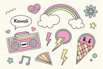 Retro pop design elements, pastel color palette, geometric shapes, speech bubbles, 80s style graphics, kawaii aesthetics, Japanese text, playful icons, sticker pack design, flat illustration, Memphis 