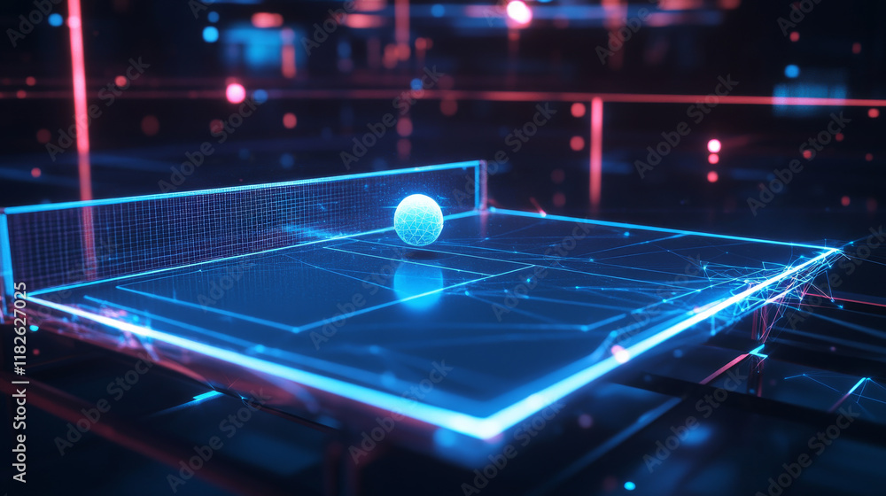 Poster the hologram table tennis. a racket and a ball made of polygons, triangles of points and lines. pinp