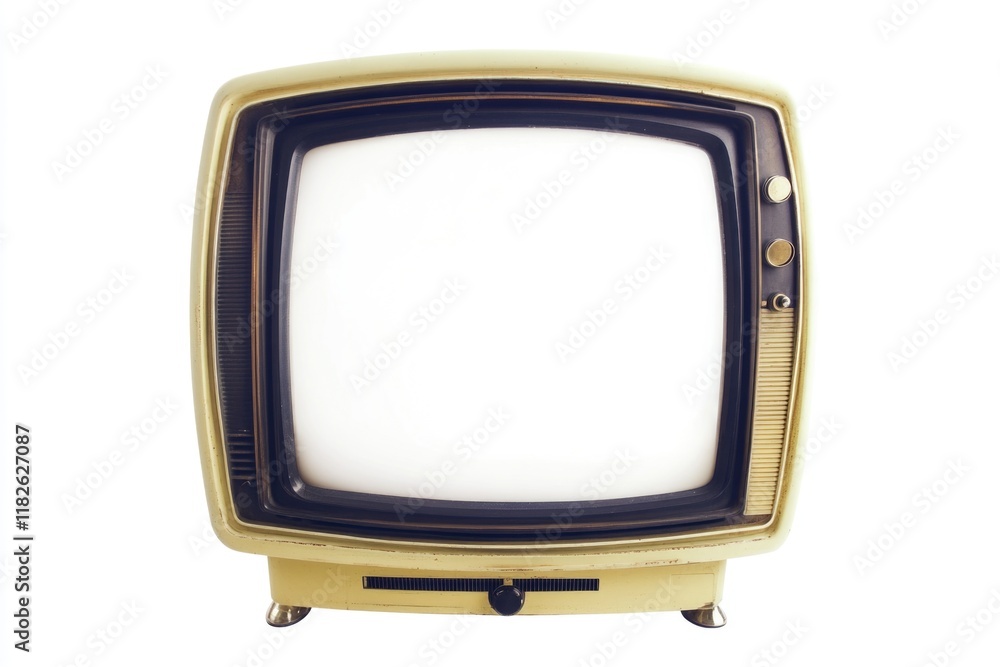 Poster an old-fashioned tv set with a blank white screen, ready for broadcasting or displaying