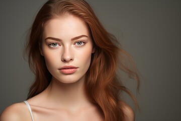 Fototapeta premium Studio portrait of a stunning redhead model with flowing hair, showcasing a natural and elegant look