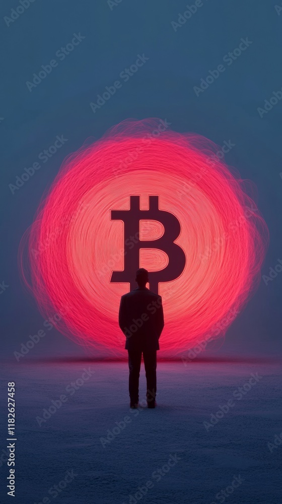 Poster silhouetted figure with glowing bitcoin symbol and abstract neon patterns
