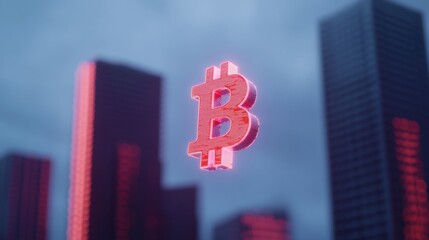 Futuristic Skyline with Neon Bitcoin Symbol and Abstract Geometric Shapes