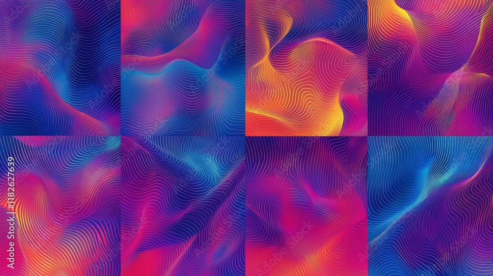 Poster a set of colorful abstract gradient shapes with wavy lines