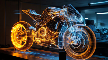 Hologram motocross. Holographic projection of a motorcycle. Flickering energy flux of particles. Research design and Motorsport.