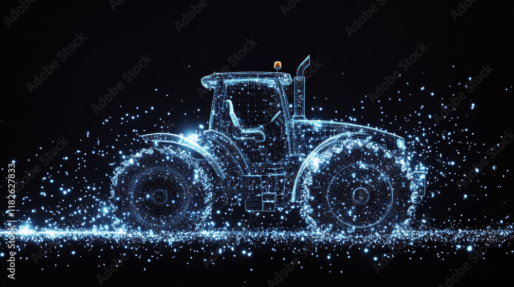 Poster tractor of particles on a dark background. tractor of circles and points