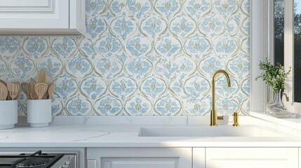 Fototapeta premium Stunning Blue Floral Kitchen Backsplash Design with Exquisite Tile Pattern
