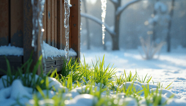 Icicles hanging on wooden structure with grass in winter landscape