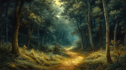 Obraz premium Forest path, sunlit, trees, tranquil scene.