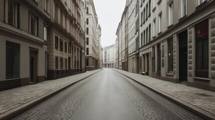 Empty city street, perspective view of buildings, cobblestone road.