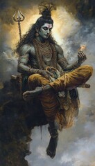 Lord shiva meditating on cloud with trident and flame